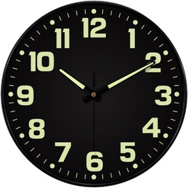 Mabpedo Glow in The Dark Wall Clock Non Ticking, 10 inch Silent Wall Clocks Battery Operated, Large Number Tempered Glass, Round Night Light Analog Clock for Bedroom Living Room Kitchen Office, Black