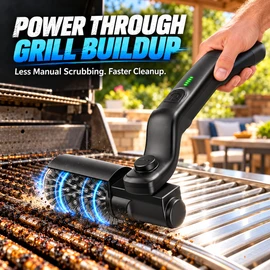 Electric Grill Brush Rechargeable, Cordless Rotary Grill Cleaner with Adjustable 180° Head, 3 Speeds, Stainless Steel Roller, Scouring Head, Battery Indicator & USB-C Charging