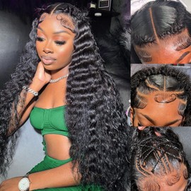 Ehelo 34 Inch 13x6 Lace Frontal Deep Wave Wigs Human Hair HD Lace Front Deep Wave Wig 200% Density Pre Plucked Lace Front Wig 13x6 Curly Human Hair Wigs for Women Deep Wave Glueless Wig