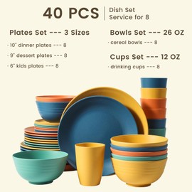 Homienly 40-Piece Premium Wheat Straw Dinnerware Sets, Service for 8, Unbreakable Plates and Bowls Sets - Cups Sets, Dinner Plates, Bowls for Kitchen,Dishwasher and Microwave Safe Dishes Set - Multi