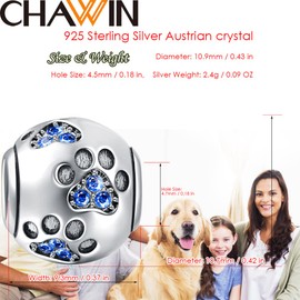 CHAWIN Jewelry Paw Prints Solid 925 Sterling Silver Charm with Navy-blue Crystal Designs Ball Shape European Style Beads and Charms