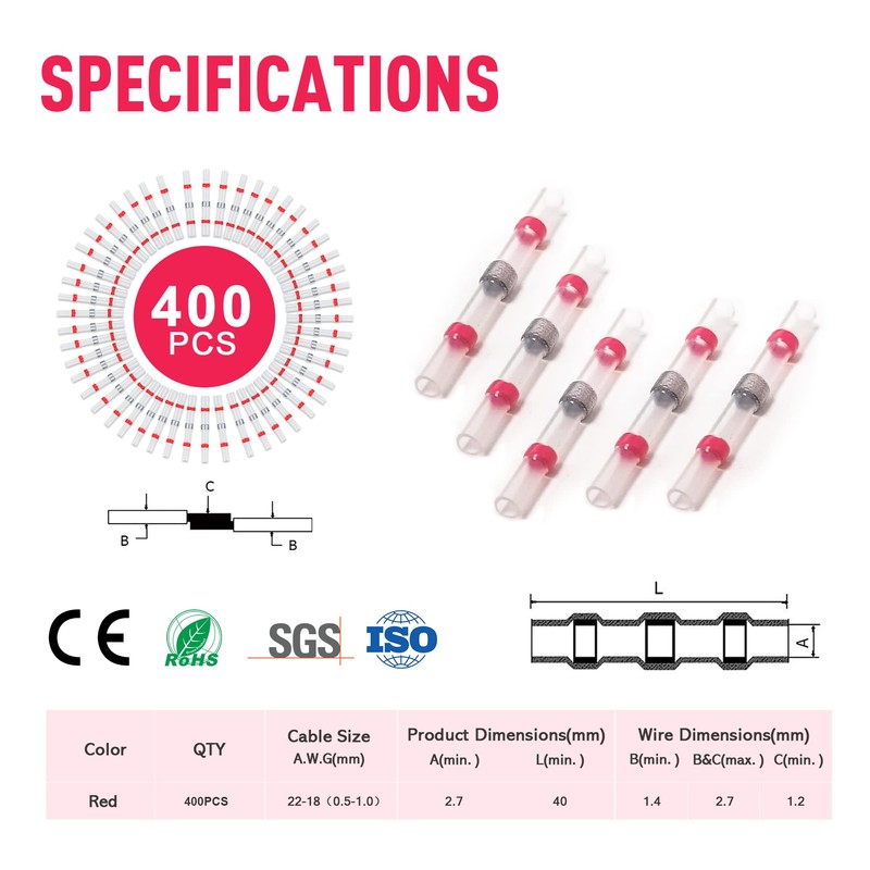 Kuject Kuject 400PCS Solder Seal Wire Connectors AWG 22-18, Red