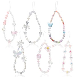 PYSEOSISE Beaded Phone Charm, 6 Pcs Beaded Phone Wrist Strap, Butterfly and Flowers Cellphone Lanyard Universal Wrist Lanyard for Women Camera Key Purse Bag Decoration