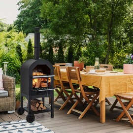 CHEFJOY Pizza Oven Outdoor, Wood Fired Pizza Oven with Pizza Stone, Pizza Peel, Waterproof Cover, Cooking Grids, Portable Pizza Maker on Wheels for Backyard Party BBQ