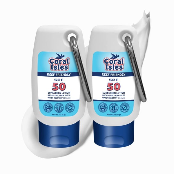 Coral Isles Reef Safe Sunscreen SPF 50 Lotion | Octinoxate & Oxybenzone Free, Hawaii Compliant, Vegan, No Parabens | Broad Spectrum UVA/UVB Protection | Non-Greasy, Fragrance Free | 2 Fl Oz (2-pack)