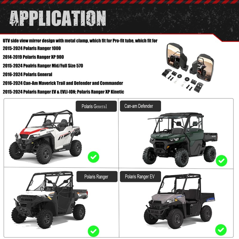 Ranger Side Mirrors - UTV Sideview Mirror with Profit/Profile Clamp