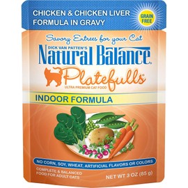 Natural Balance Platefulls Indoor Chicken & Chicken Liver Cat Food in Gravy | Premium Grain-Free Wet Food for Indoor Cats | 3-oz. Pouch (Pack of 24)