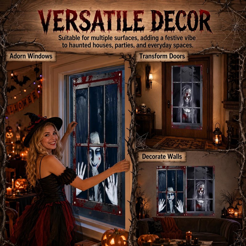 2 PCS Halloween Window Decorations Scary Ghost and Bloody Zombie