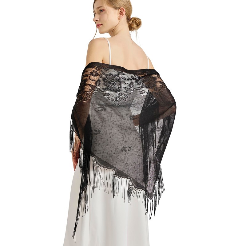 vimate Black Triangle Shawl Headscarf -Ladies Lace Floral Thin Fringe