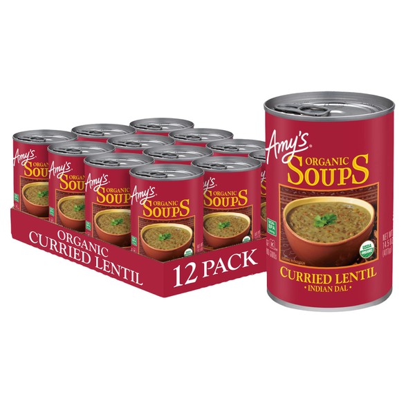 Amy's Soup, Vegan Curried Lentil Soup, Gluten Free Indian Dal Made With Ginger, Turmeric and Beans, Canned Soup, 14.5 Oz (12 Pack)