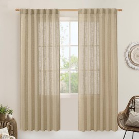 LAMIT Linen Blended Curtains for Bedroom, Faux Linen Textured Light Filtering Drapes Back Tab and Rod Pocket Boho Burlap Panels for Farmhouse/Living Room, 2 Panels, 52 x 80 Inch, Brown