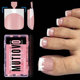 MUTIOVO French Tip Toe Nail Tips Press on, Sharp Square Pre-Designed Soft Gel False Toenail Extension, BABY PINK Pre-applied Tip Primer & Base Coat, Full Cover Acrylic for DIY x 15 Sizes 240 pcs