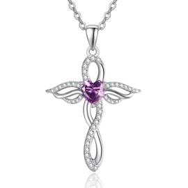 TANGPOET Angel Wings Necklace for Women 925 Sterling Silver Guardian Angel Pendant, Heart Cross Birthstone Chain, Birthday Jewellery Gifts for Her, Sterling Silver