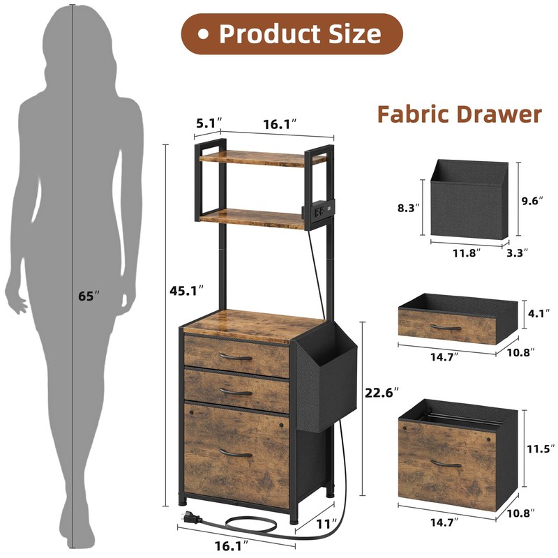 HIGDBFE 3 Drawer File Cabinet with Charging Station, 45''H, 3-Tier