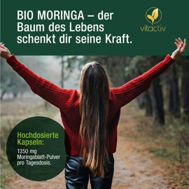 VITACTIV Bio Moringa Kapseln - 270 Stück, Vegan – Nährstoffwunder Moringa - Hochdosiert, 1350 mg Moringa Pulver pro Tagesdosis - Laborgeprüft in Deutschland, Ohne künstliche Zusätze & Gentechnik