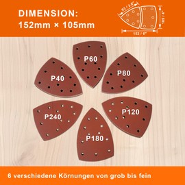 KENDO Sandpaper Set 60 Pieces Velcro for Triangle Sanders - Delta Sandpaper Sandpaper Each 10 x 40/60/80/120/180/240, Size 152 x 105 mm or 93 x 93 x 93 mm - 11-Hole System - Best Service Life