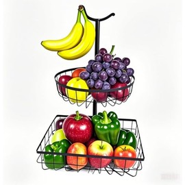 CTANCIFANG Fruit Bowl Veggie Tray 2 Tiers Detachable for Kitchen Counter Storage Organizer with Banana Hook. Large Capacity Tiered Fruit Basket with Banana Holder. Wire Rack Snack Basket for Office