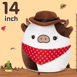 Houwsbaby 14" Light Up Cowboy Cow Plush Pillow, Glowing in Dark Cow Stuffed Animal with Auto-Off Timer, Squishy Kids' Sleep Companion Plush Toy, Holiday Birthday