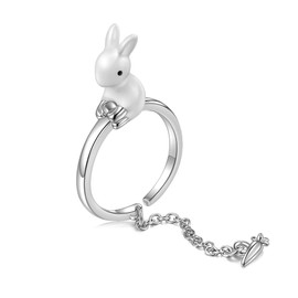 OIDIMS Cute Rabbit Tassels Ring Bunny & Carrot Dangling Adjustable Open Stacking Rings Sterling Silver Plated for Women Teen Lovely Enamel Aminal Promise Gift for Niece Daughter Bff Birthday Easter