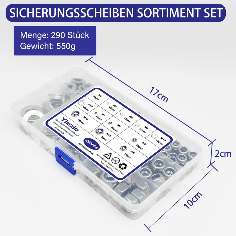 Yiezio 290 Piece Hex Nuts Washers Sets Locking Nuts Lock