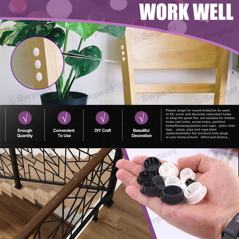 Swpeet 60Pcs 1" - 25mm Black Round Plastic Snap-on Hole