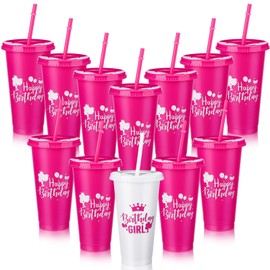 Pickmesh 12 Pcs Pink Birthday Party Cups with Lid and Straw Girl Birthday Squad Cups 24 oz Reusable Plastic Pink Girl Party Favor Decorations