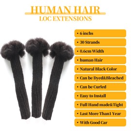 Shoobidoo 6 Inch Dreadlock Extensions Human Hair 100% Real Human Hair 30 Strands 0.6cm Handmade Crochet Braiding Hair For Men/Women Natural Black Color (6 inch, 1B)