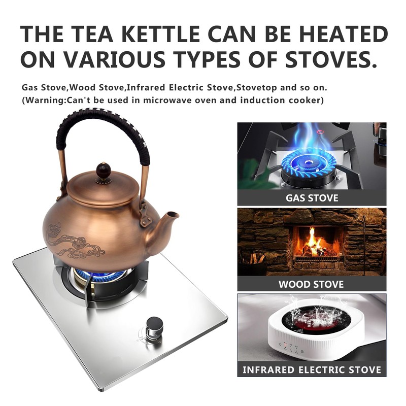 SECHUDO Classic Pure Copper Teapot without Coating, 44oz Tea Kettle