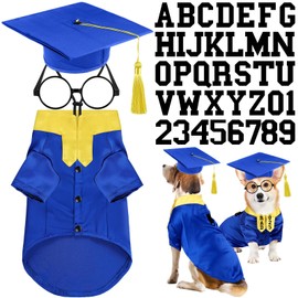 Huhumy 5 Pcs Dog Graduation Costume Set Include 2025 Pet Graduation Gown with Stole Puppy Grad Cap Lensless Glasses DIY Letter Stickers for Dogs Cats Holiday Costume Accessory(Blue Yellow,L)