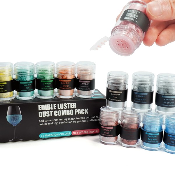 Macaron Colour System - Edible Glitter for Drinks, Lite Supply 100% Edible and Food Grade Gloss Dust, Beer, Chocolate, Strawberries, 12 Colours Set (3g/Bottle)
