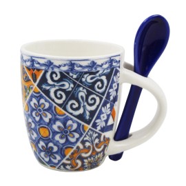Gift Souvenirs Traditional Blue & Orange Tile Azulejo Ceramic Espresso Cup with Stirring Spoon