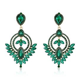 EVER FAITH Fashion Rhinestone Crystal Statement Dangle Drop Earrings, Prom Teardrop Two Circle Chandelier Earrings for Woman Green Gold-Tone
