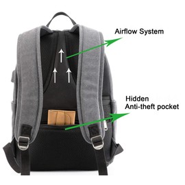 Kinmac Grey Canvas 15 inch Waterproof Laptop Travel Outdoor Backpack with USB Charging Port for 13 inch 14 inch and 15.6 inch Laptop