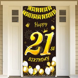 DPKOW Black Gold 21st Birthday Decoration for Man Woman, Black Gold 21st Birthday Banner for Backdrop Door Decoration, 21st Birthday Background Banner for Garden Table Wall Decoration, 185 x 90cm