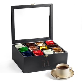 Rae Dunn Tea Bag Organizer - Tea Box Divided Storage Container Box with Hinge Lid for Kitchen Cabinet, Countertop, Pantry, Hold Coffee Pods, Seasoning Packets, Condiments, Black