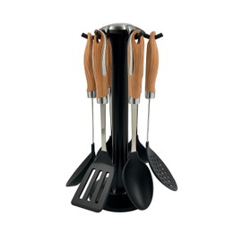Kitchen Utensil Set with Stand, 6 Piece Nonstick Cooking Tools, Wood Handle, Stainless Steel Rotating Hanging Rack