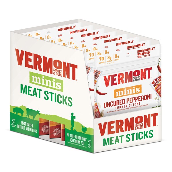 Vermont Smoke & Cure Mini Jerky Stick Go Packs, Antibiotic Free Turkey, Gluten-Free, Paleo & Keto Approved Uncured Pepperoni, Meat Sticks, 6 Count, Pack of 8