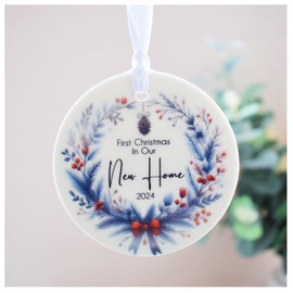 First Christmas In Our New Home 2024 Hanging Decoration. Navy and Red Wreath Homebuyer, Homeowner, Closing Gift. White Ceramic Ornament. Xmas Tree Keepsake Bauble