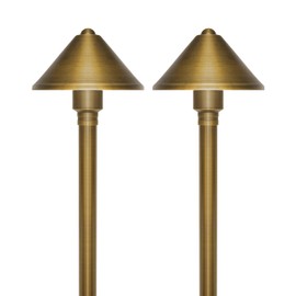 GKOLED Solid Brass Landscape Path Lights (5" Shade, 20" Tall), Low Voltage LED 3W 12-24V AC/DC Conehead Path Lighting, 2700K Outdoor Waterproof Walkway Light, with Stake and G4 Bulb, 2 Pack