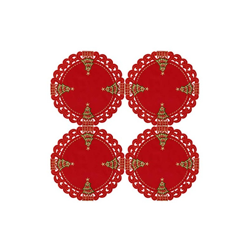 Grelucgo Embroidered Christmas Holiday Holly Tree Table Doily Place-mats (Round