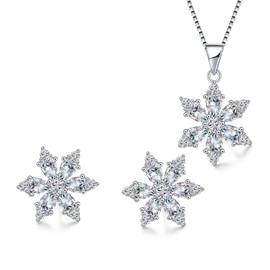 Glintara Silver Christmas Jewellery Sets for Women, 925 Sterling Silver Snowflake Jewellery Set with Zircon, 2 PCS Silver CZ Xmas Jewelry Set - Necklace with Snowflake Pendant & Silver Stud Earrings