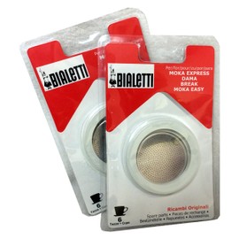 Bialetti (2-Packs) of #06961, total of SIX replacement gaskets and TWO Bialetti replacement filter plates (For 6-CUP Bialetti Moka Express, Dama, Break, Moka Easy & Dama Easy) (6-CUP)