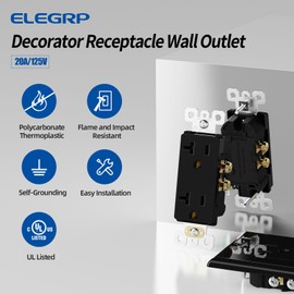 ELEGRP Glossy Black Decorator Electrical Wall Outlet Receptacle, 20A 125V Standard Outlets, 2 Pole 3 Wire, Non-Tamper Resistant, NEMA 5-20R, Self-Grounding Wall Outlet, UL Listed, 50 Pack