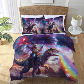 Funny Cat Comforter Set Cat Riding Dinosaur Duvet Cover Space Rainbow Cat Bedding Set Twin Full Queen King Size Quilt Set for Boys Girls Kids Teenagers Adults Men Women with 2 Pillowcases 104"x90"