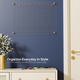 Clear Glass Monthly Dry Erase Calendar Non-Magnetic Whiteboard for Wall, 17" x 23", Frameless Large Monthly Menu Planner White Board for Home Kitchen & Office, 4 Markers Included, Yeoux