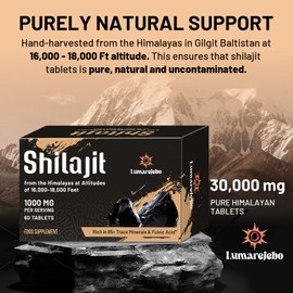 Lumarejebo Shilajit Tablets 30,000mg, 100% Pure Himalayan Shilajit Tablets (1000mg Per Serving), Rich in 85+ Trace Minerals & 60% Fulvic Acid, for Energy and Immune Support (60 Tablets)