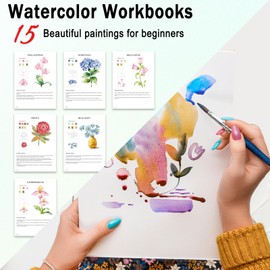 Watercolor Workbooks for Adults Beginners & Teens, 8 x 11 Inch Oversized, 15 Beautiful Paintings, Pre-Outlined Designs, Easy Watercolor Art Book（Without Palette, Flowers）