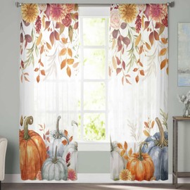 Fall Sheer Curtains 84 Inch Length 2 Panels Set, Orange Blue Pumpkin Semi Transparent Voile Rod Pocket Curtains for Living Dining Room Bedroom Drapes Thanksgiving Floral Leaves 52'' x 84'' x2