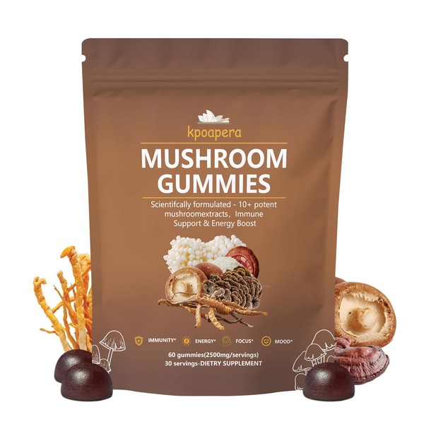 KPOAPERA Mushroom Gummies, 10+ Potent mushroomextracts, Immune Support & Energy