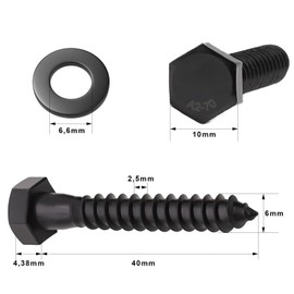 ORTAVA M6 x 40 Hexagon Wood Screws with Washers Wood Screws Stainless Steel A2V2 - DIN571 Pack of 10